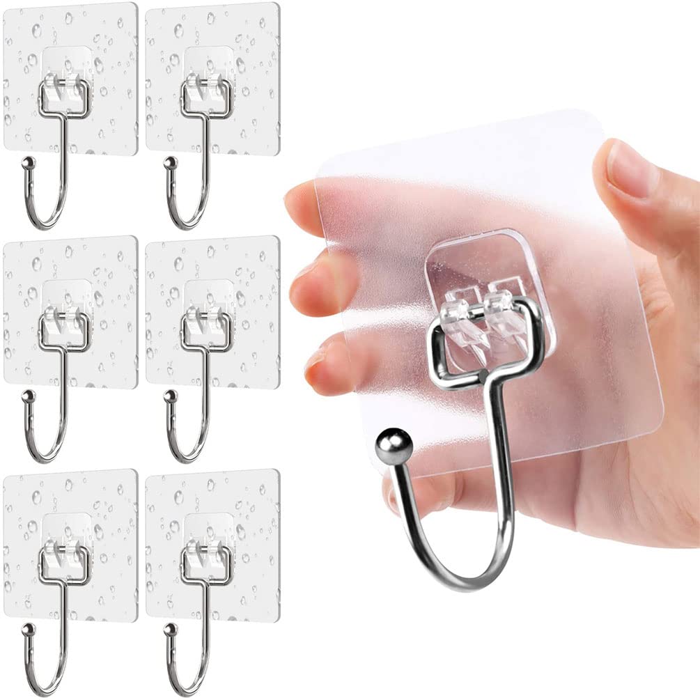 Youlike 6 Pack Adhesive Hooks Heavy Duty - Strong Wall Hooks 44 Lb/ 20 Kg(Max) For Bathroom - Self Adhesive Hook Clear For Kitchen Home And Office
