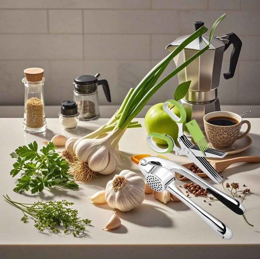 Garlic-Press-and-Herb-Scissors-Set-6-Pieces-with-Garlic-mincer-and-Multipurpose-Scissors-Rustproof-Tools-for-Kitchen-Use-Silver