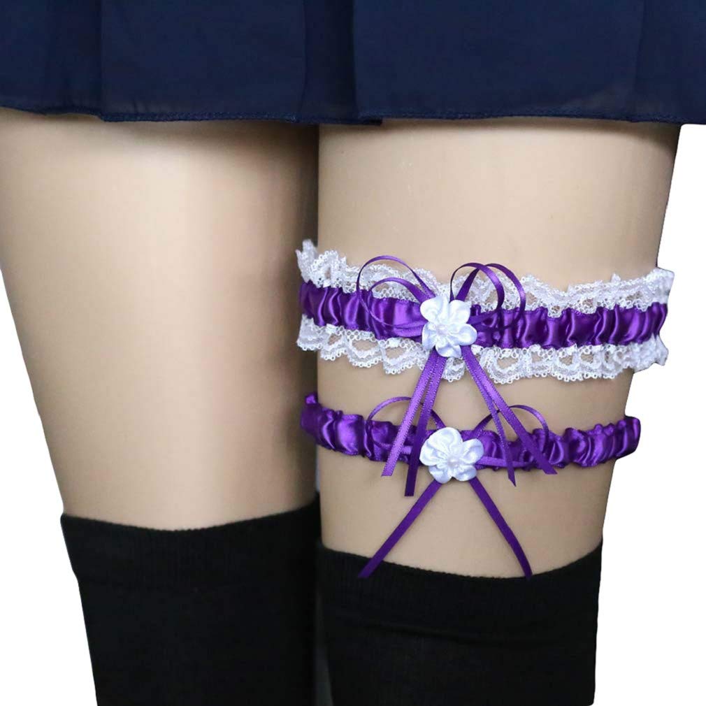 Junhouse Lace Ribbon Bow Garter Set, Wedding Bride Elastic Garter Belt for Party Cosplay Accessories