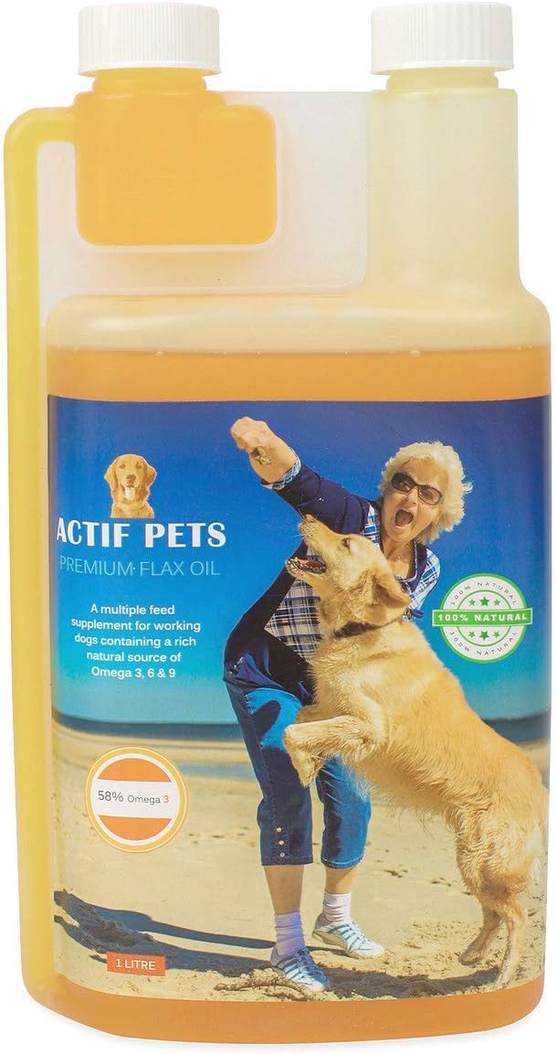 Actif Pets Flaxseed Oil for Dogs-Rich in Omega 3, 6 & 9 for Dry, Itchy Skin/Coat. A Natural Dog Supplement for Stiff Bones/Joints/Hips