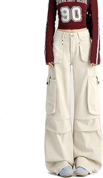 Street Fashion Retro Plain High Waist Womens Cargo Jeans Casual Multiple Pockets Pleated Cargo Pants for Women