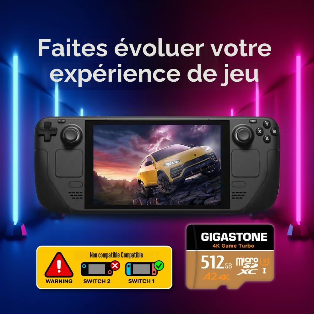 [5 Ans Récupération de données Gratuite] Gigastone Carte Mémoire 512 Go 4K Game Turbo, Professionnel pour GoPro Drone DJI Switch 1, Vitesse 160 Mo/s. A2 U3 V30 Carte Micro SDXC avec Adaptateur SD.