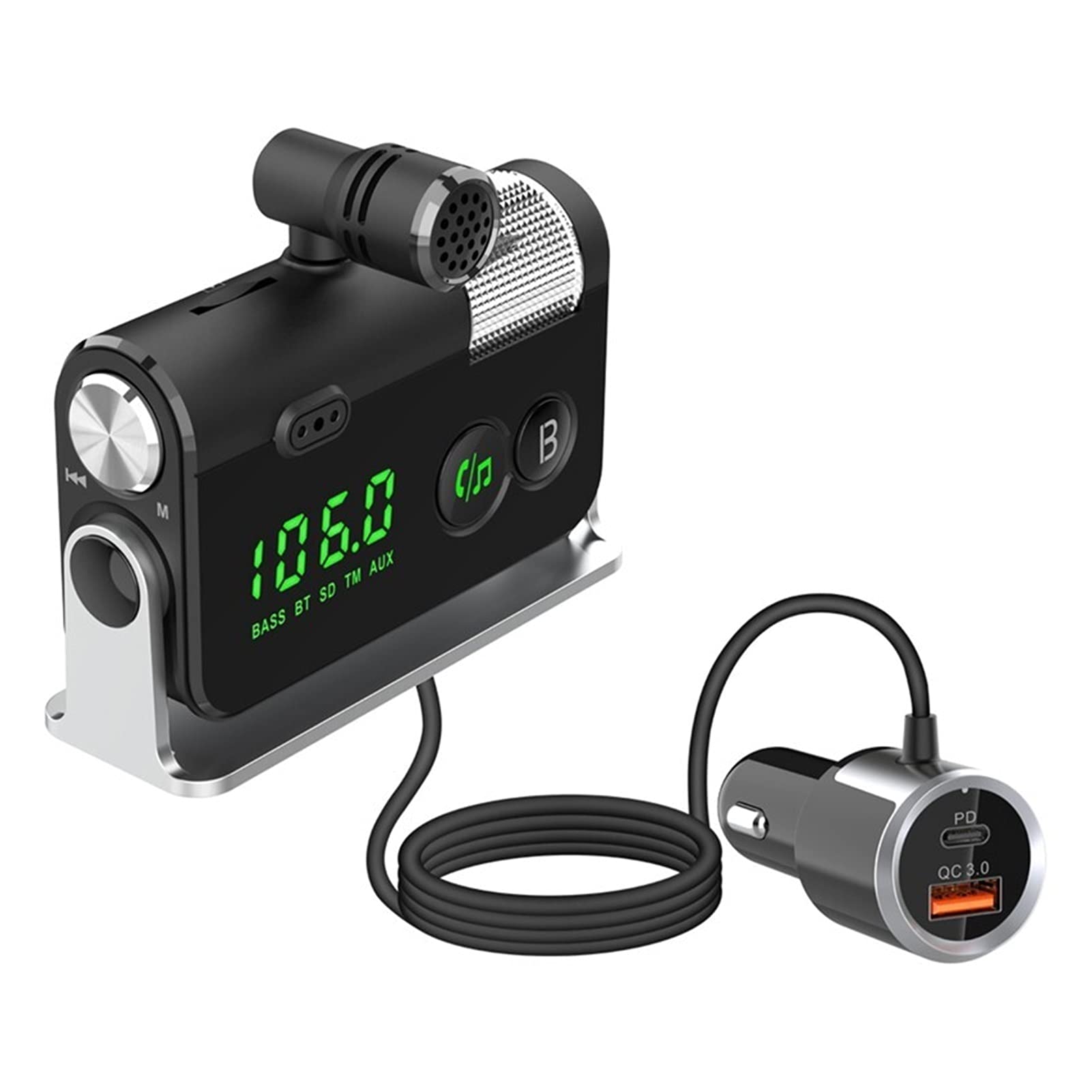 Adattatore Audio Bluetooth. FM. Trasmettitore Bluetooth 5.0 Kit Kit Vivavoce AUX. Ricevitore Audio MP3. Giocatore QC3.0 + PD 18W USB Caricabatterie con Microfono Rimovibile