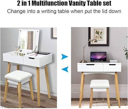 Miniatura 5 de LUARANE - Juego de tocador de tocador, tocador de madera con espejo abatible y taburete acolchado, aplicación multifuncional para dormitorio, baño