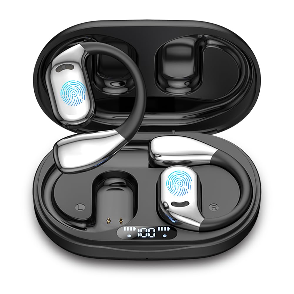 Yeabomy Open Ear Headphones,Bluetooth Headphones 5.4 Sports with Smart Digital Display, Fast Charging, Sweat Resistant, fit iOS & Android (Black)