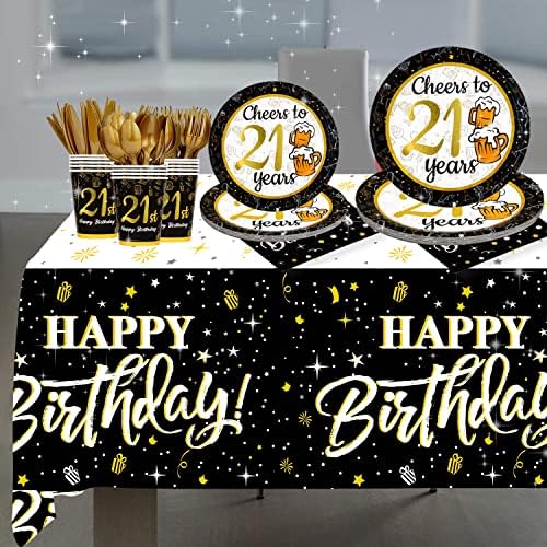 jenlion 21st Birthday Decorations for him her, Black Gold Birthday Supplies Plates and Napkins, Cups, Knives, Forks, Spoons Included, Tablecloth, Tableware for 24 Guests(Total 169pcs)