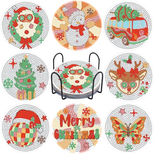 Cheerupp 8 Pcs Christmas Retro Groovy Absorbent Diamond Art Coasters with Holder Cork Base, Cute DIY Diamond Art Drink Coasters for Him and Her, Non-Slip Art Table Home Xmas Party Decoration Supplies
