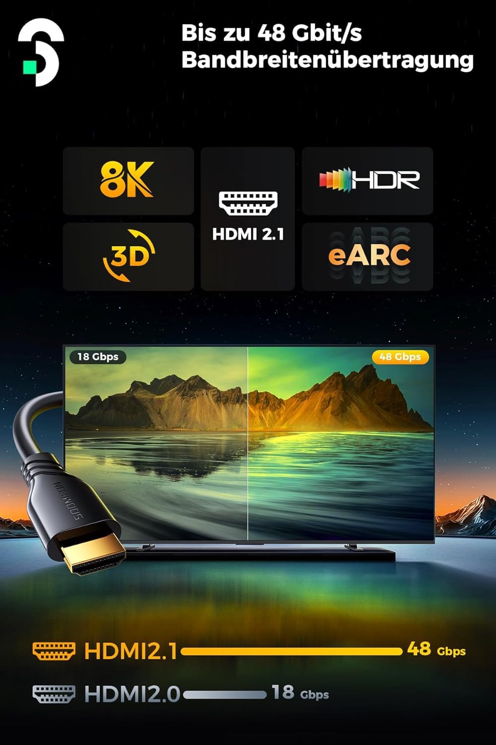 Cavo HDMI 2.1 - 8K @60hz 4K @120hz 48Gbps placcato oro 24k - 3 metri