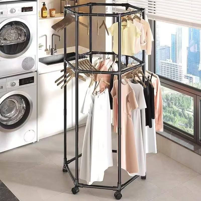Image of HIWARE 360 Rotating Metal Clothes Rack with Wheels | Multi-Layer Garment Organizer Stand | Space Saving Clothing Rack for Bedroom, Boutique & Laundry | Heavy Duty Garment Hanger Stand - DOUBLE HANGER