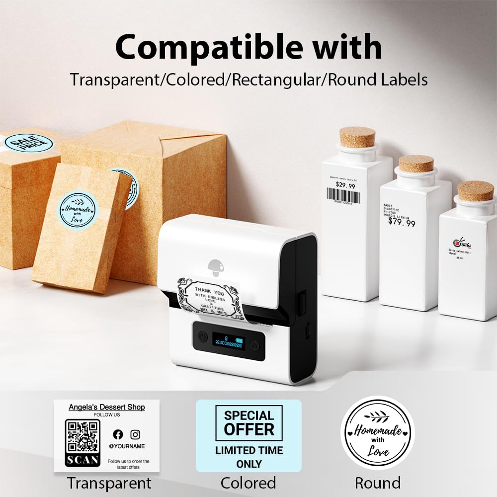 Phomemo M221 Imprimante d'étiquettes Thermique Bluetooth Portable Blanc avec 3 Rouleaux d'étiquettes et Sac