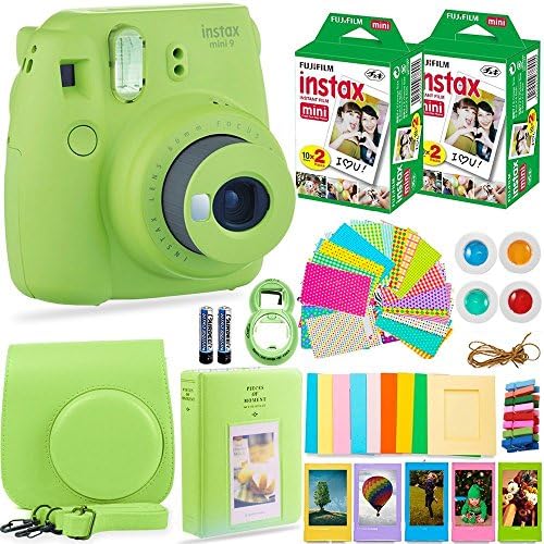 FujiFilm Instax Mini 9 Instant Camera + Fuji Instax Film (40 Sheets) + DNO Bundle - Carrying Case, Filters, Photo Album, Stickers, Selfie Lens + More(Lime Green)