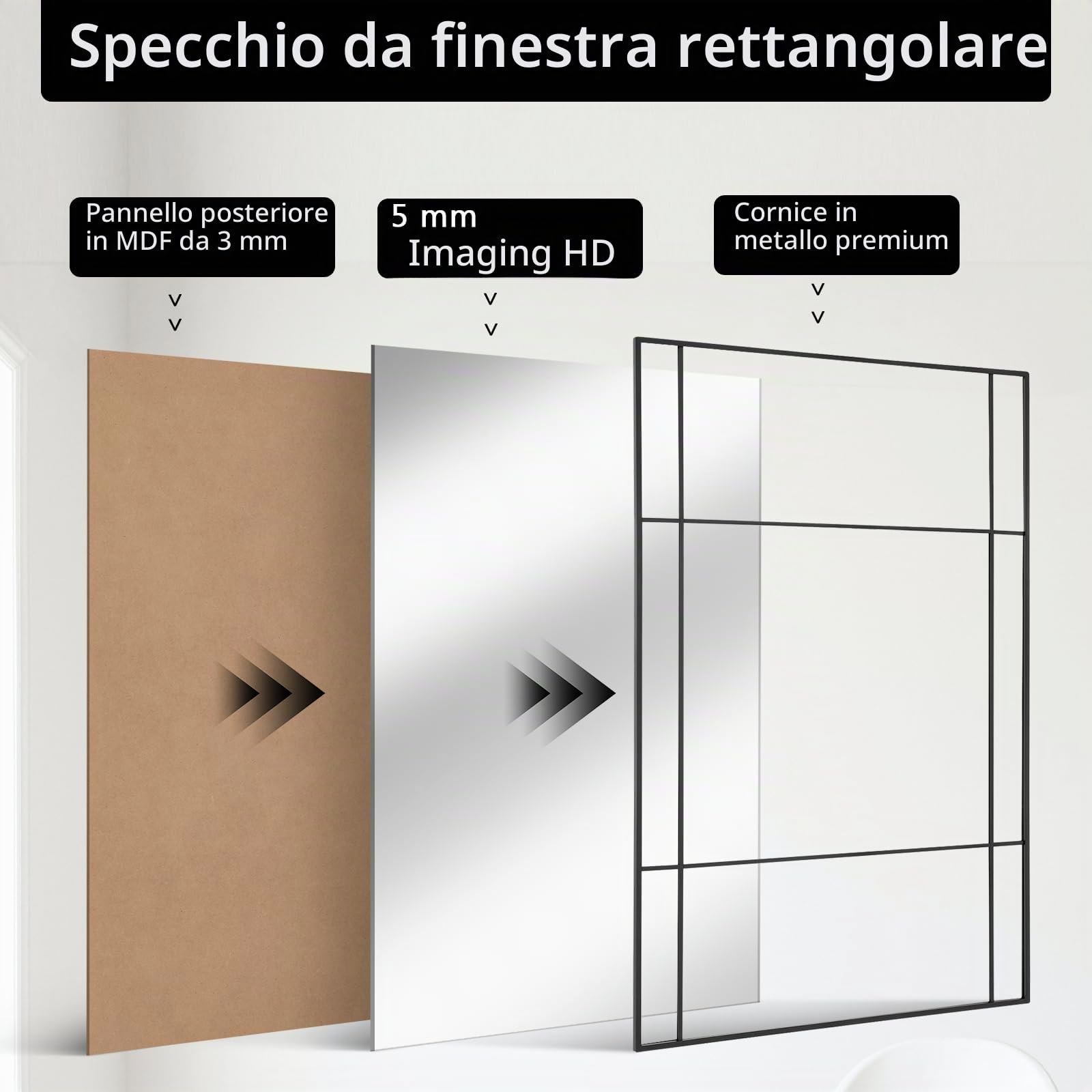 Muzilife Specchio da Parete Nero con Cornice in Metallo, 90x60 cm Specchio Decorativo Rettangolare per Camera da Letto, Sala da Pranzo, Corridoio, Bagno, Appendibile o Appoggiato alla Parete