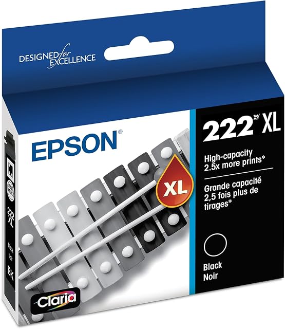 EPSON 222 Claria Ink High Capacity Black Cartridge (T222XL120-S) Works with Workforce WF-2960, Expression XP-5200