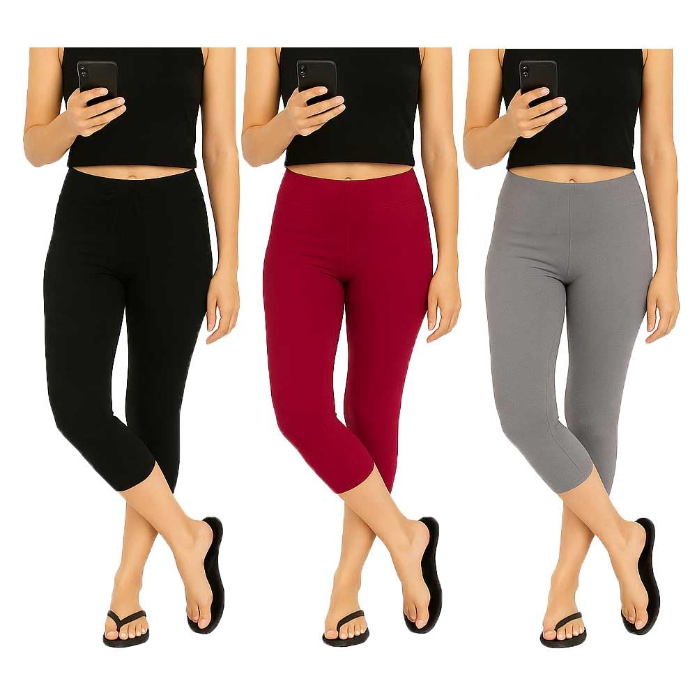 Womens Casual Solid Stretchable Plain Gym and Yoga Capri for Girls | Bottom Wear | Black, Grey, Pink (Pack of 3)-picture-33
