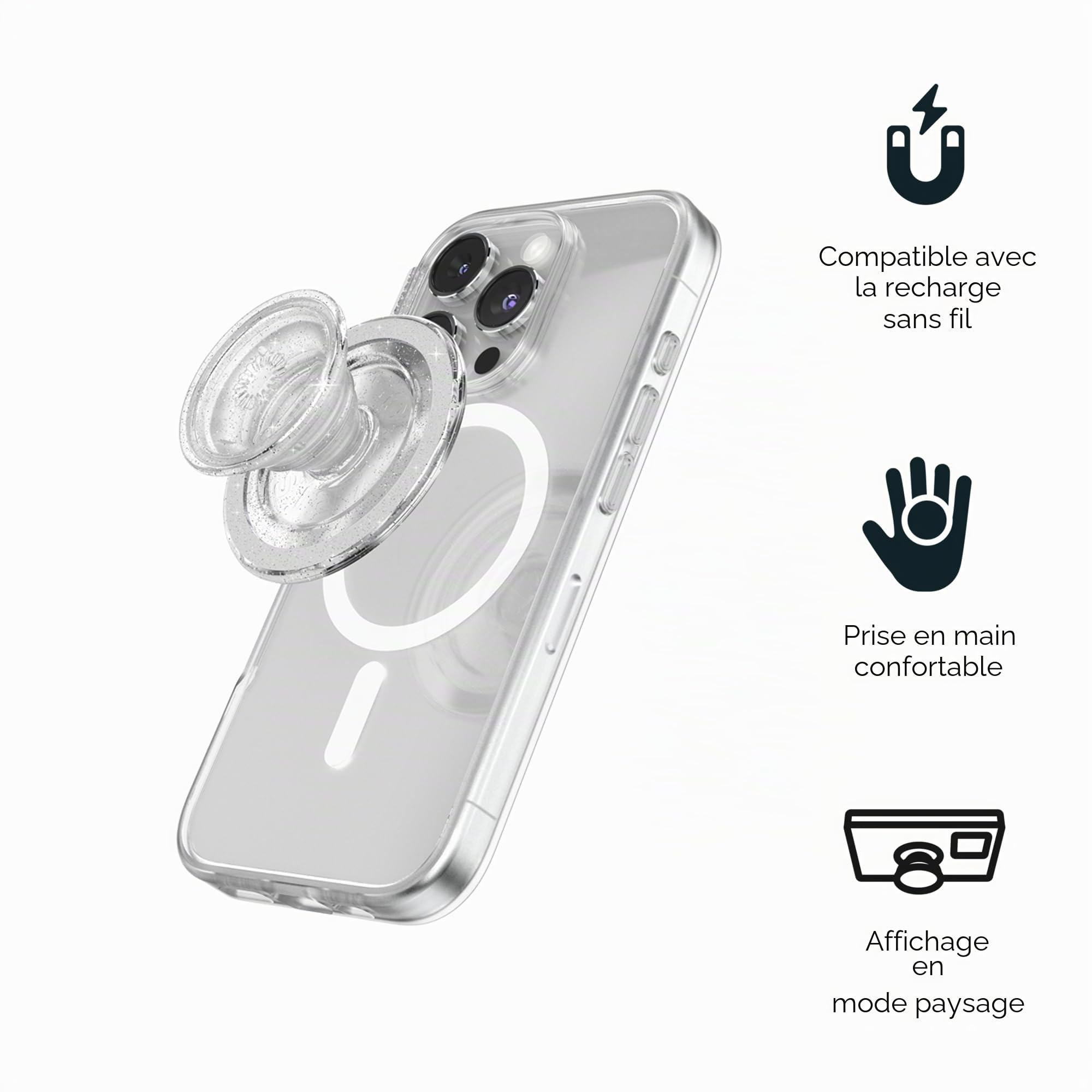PopSockets: PopGrip Round pour MagSafe - Anneau Adaptateur pour MagSafe Inclus - Support et Poignée pour Smartphone et Coques avec Un Top Interchangeable - Clear