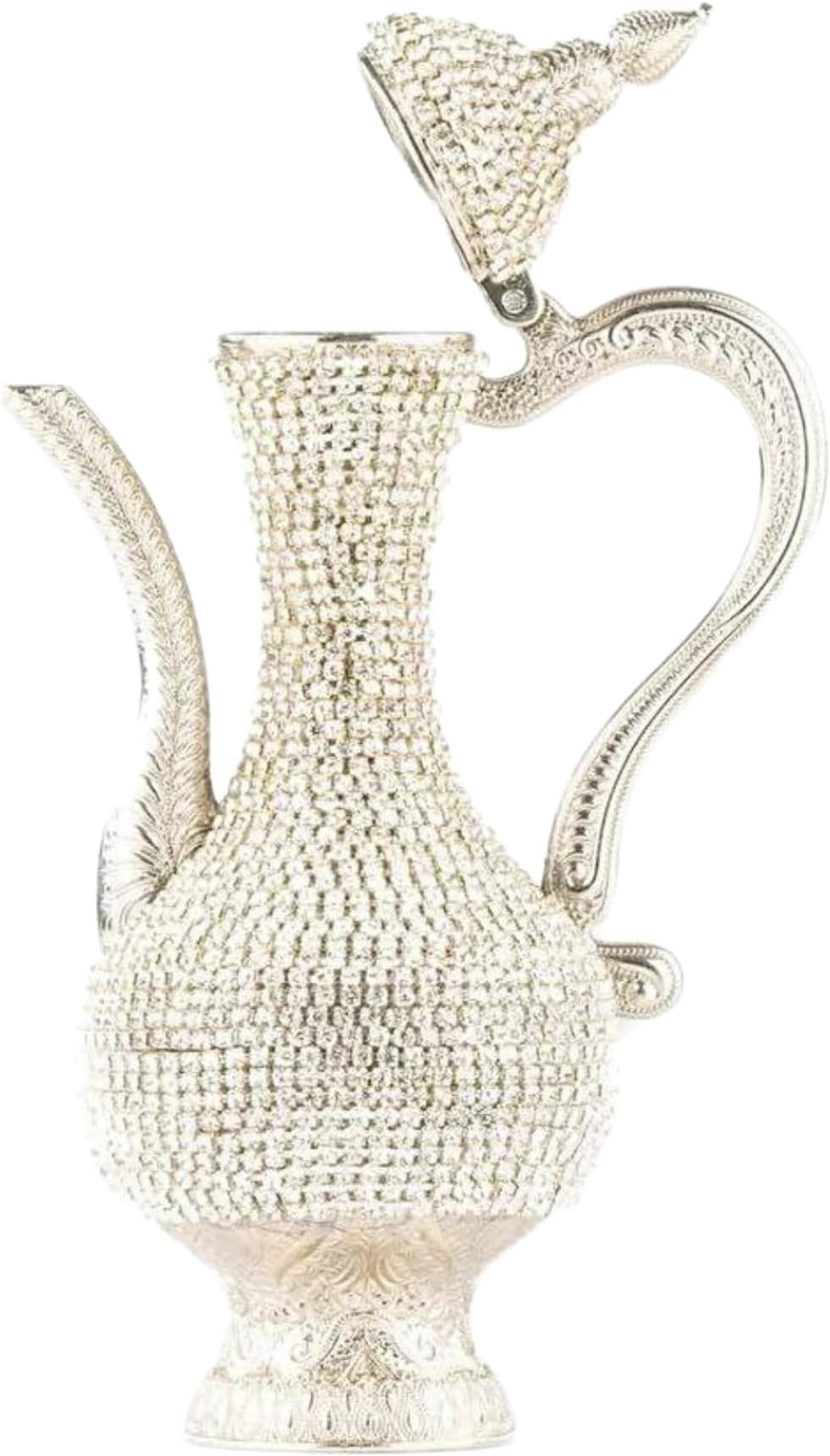 Steel Water Bottle Pitcher with Zirconia Stones | Handmade Metal Carafe Water Tea Coffee Jug Vintage Bottle | Turkish Ottoman Zamzam Pitchers (240 ML / 8.1 Oz, Zirconia Stone, Silver Color)