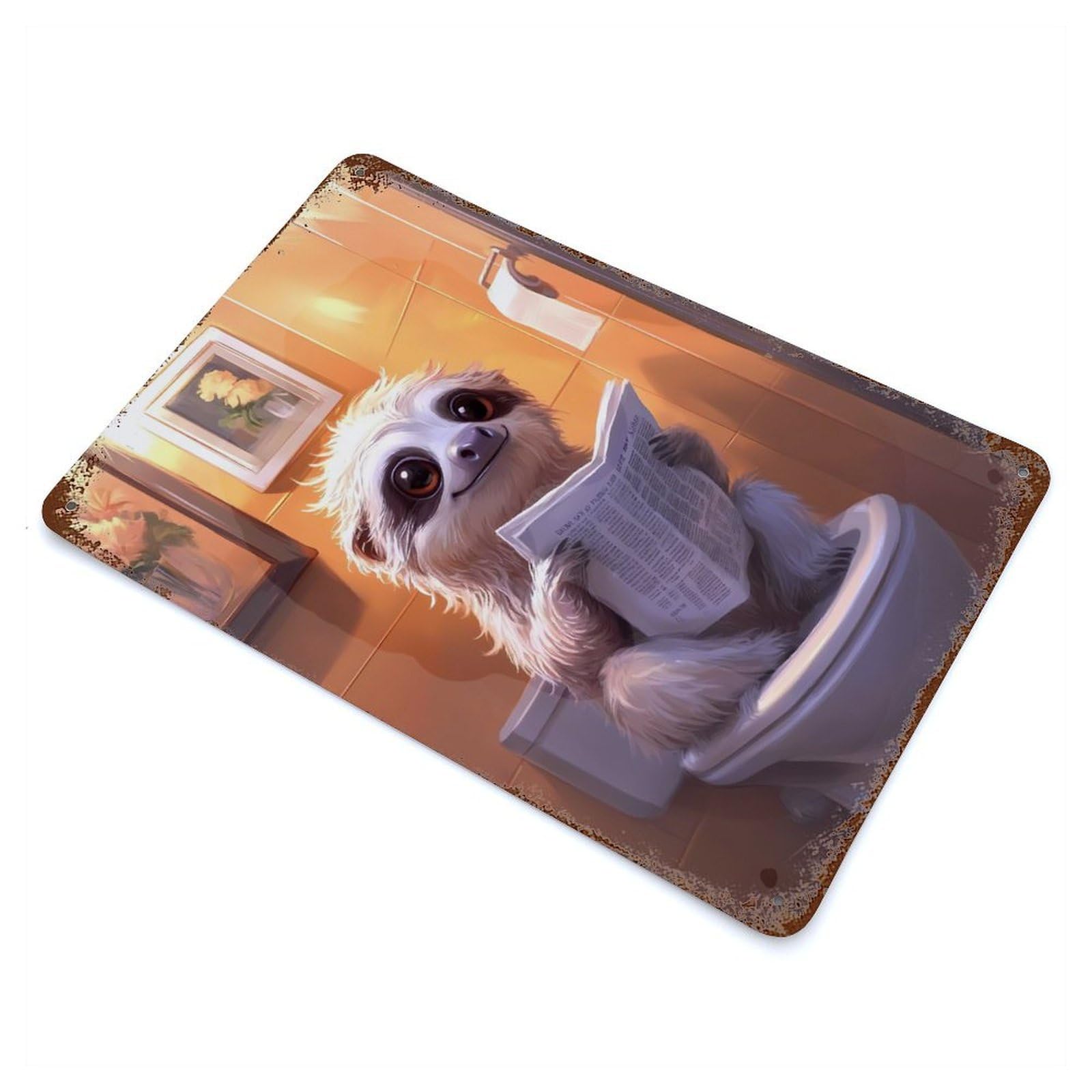 Sloth Reading on Toilet Funny Vintage Wall Sign 11.8"x7.9", Rust Effect Metal Decor for Office, Studio And Wall Decor