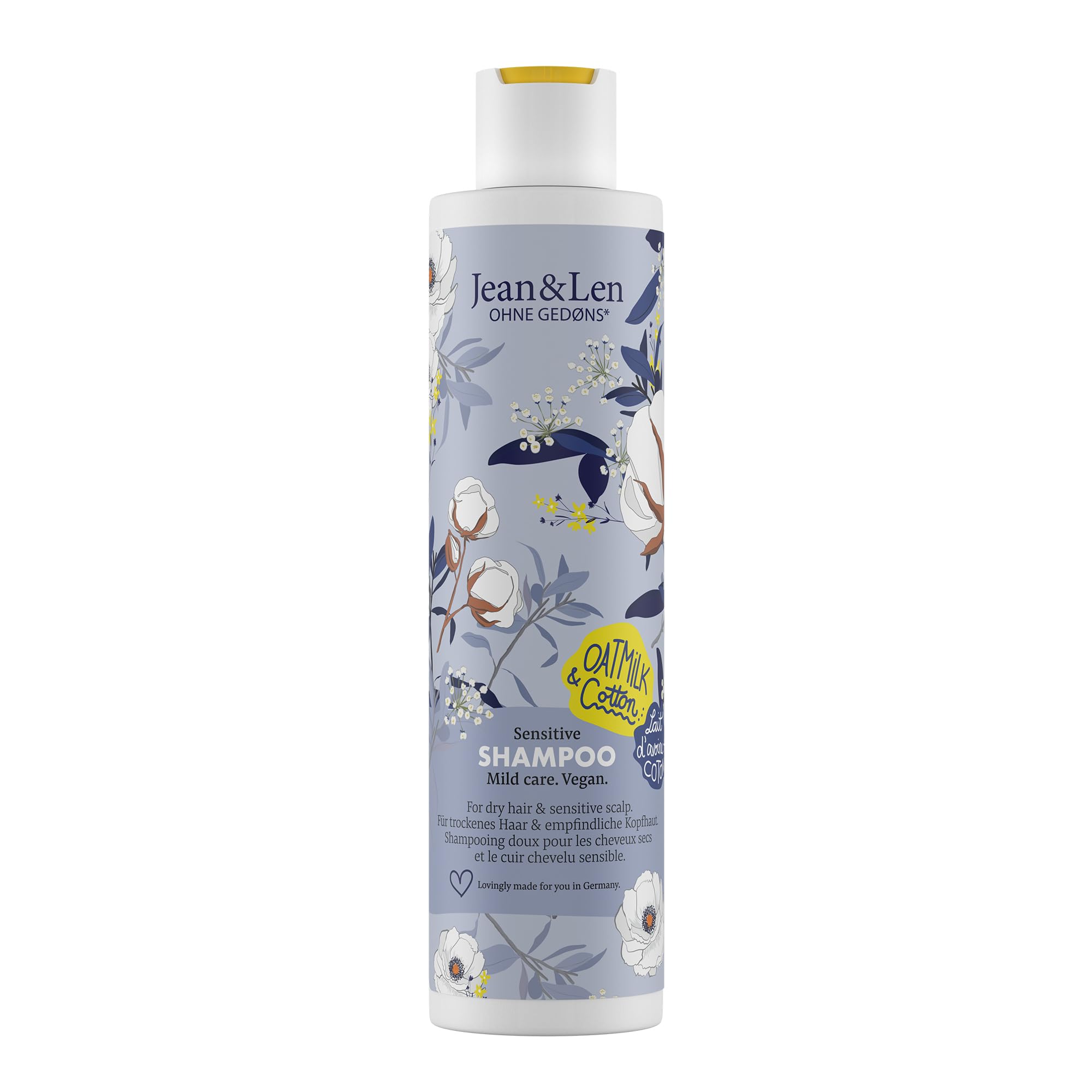 Jean & Len Champú Sensitive Leche de Avena y Algodón, limpia suavemente y protege contra la rotura del cabello, para cabello seco y cuero cabelludo sensible, sin parabenos ni siliconas, vegano, 300 ml
