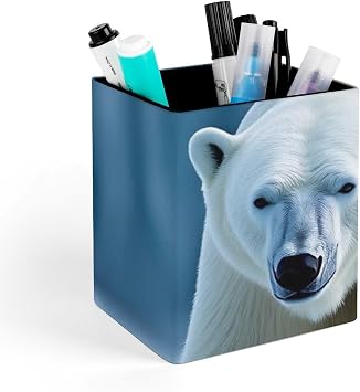 Pen Holder Square Leather Pencil, Holder Cup Makeup Brush Storage Organizer, Waterproof Multifunctional Office Supplies Polar Bear