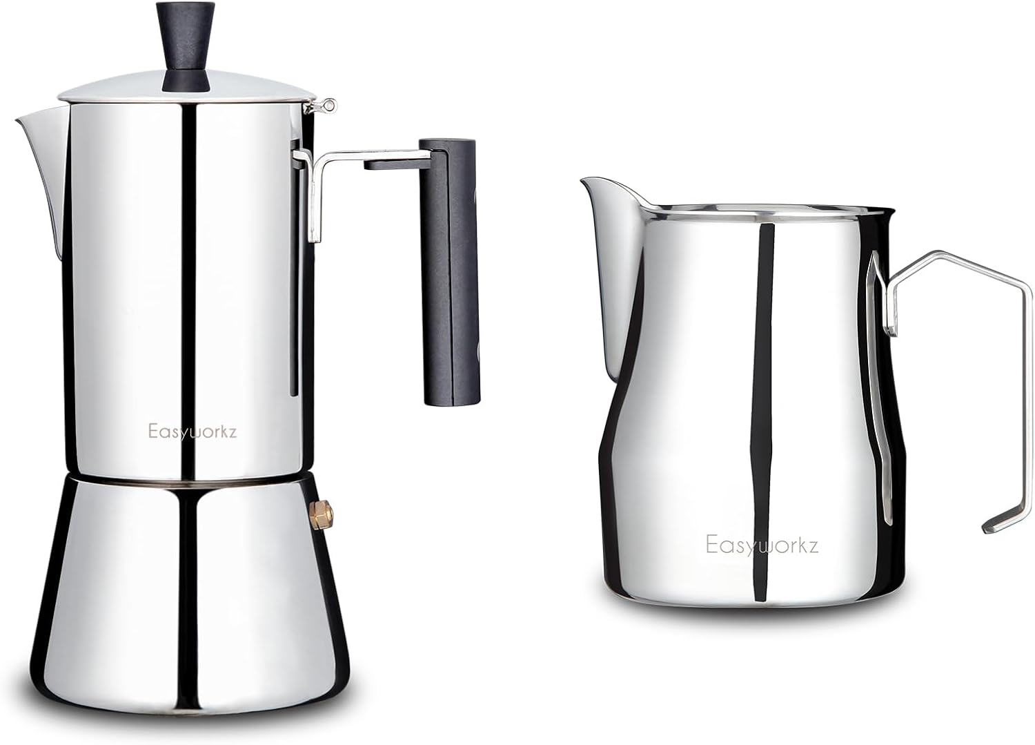 Easyworkz Pedro Stovetop Espresso Maker 4Cup 200ml Stainless Steel Italian Coffee Machine Maker Moka Pot, Bundled with Espresso Steaming Pitcher Stainless Steel 15 oz Latte Art Cup