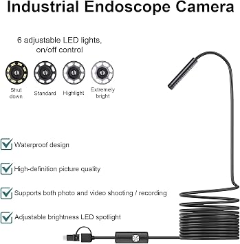 Endoscope Inspection Camera with Light – 5.5mm Ultra-Thin Flexible Borescope, Snake Camera for Drain, Sewer, Automotive, Home Maintenance, 6 Adjustable LEDs, Compatible with Android & Selected Mobile