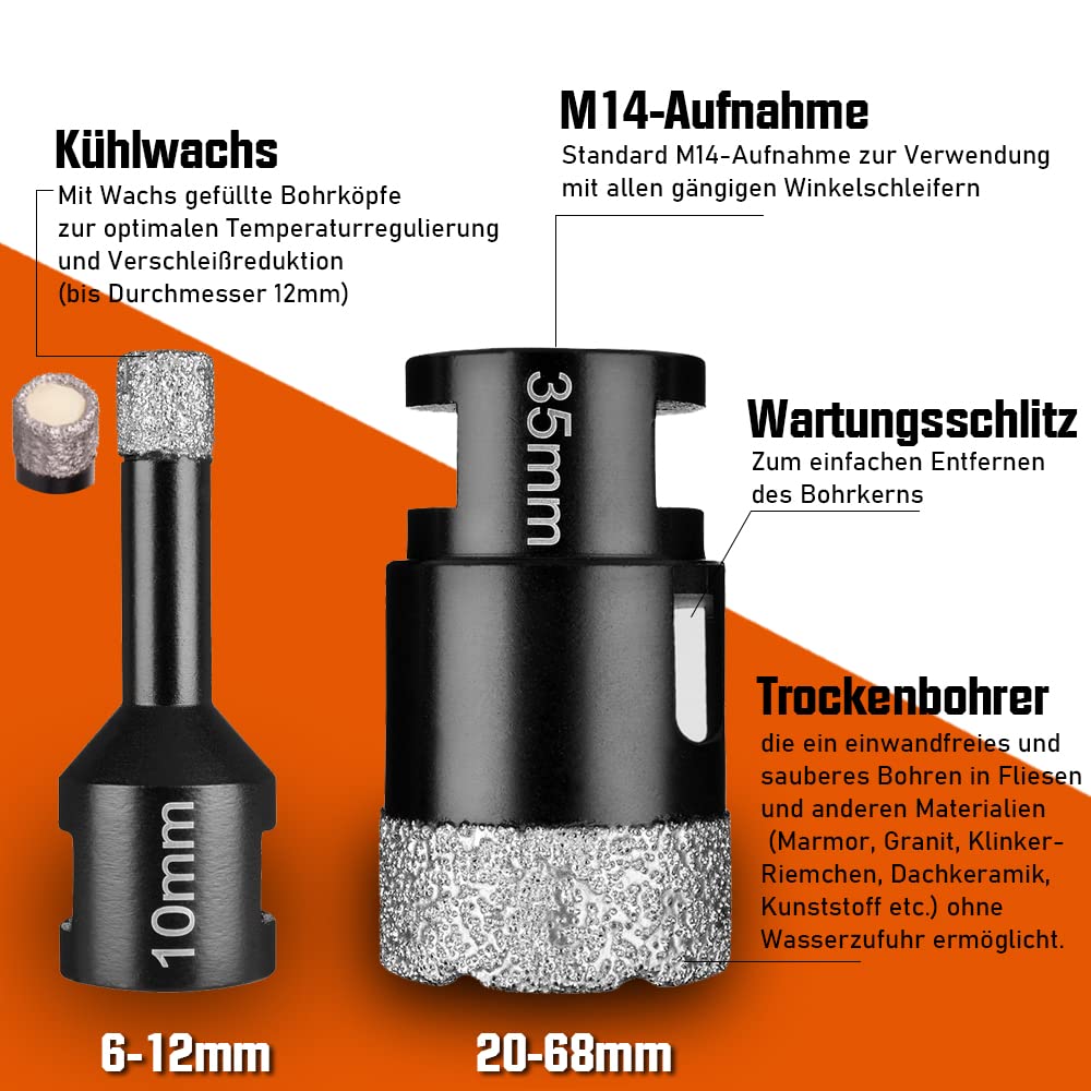 7-częściowy zestaw wierteł do płytek M14 x 15 mm, diamentowa koronka wiertnicza 20-68 mm + tarcza tnąca 125 mm, do szlifierek kątowych, otwornic, płytek, granitu, gresu, ceramiki, muru, korony