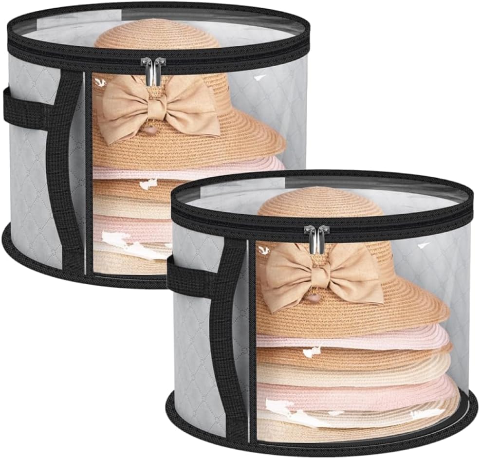 – 2 Pcs Hat Box, Hat Storage Box with Viewing Window for 7 Hats, Large Transparent Organiser for Cowboy, Women's & Wide Brim Hats, Sturdy Case for Wardrobe and Travel