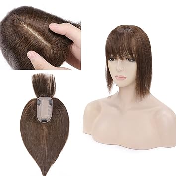 MY-LADY Silk Base Clip in Topper for Women Upgraded 120% Density Remy Human Hair Top Hairpieces with Bangs Replacement Crown Wiglet Straight 16 Inch #4 Medium Brown