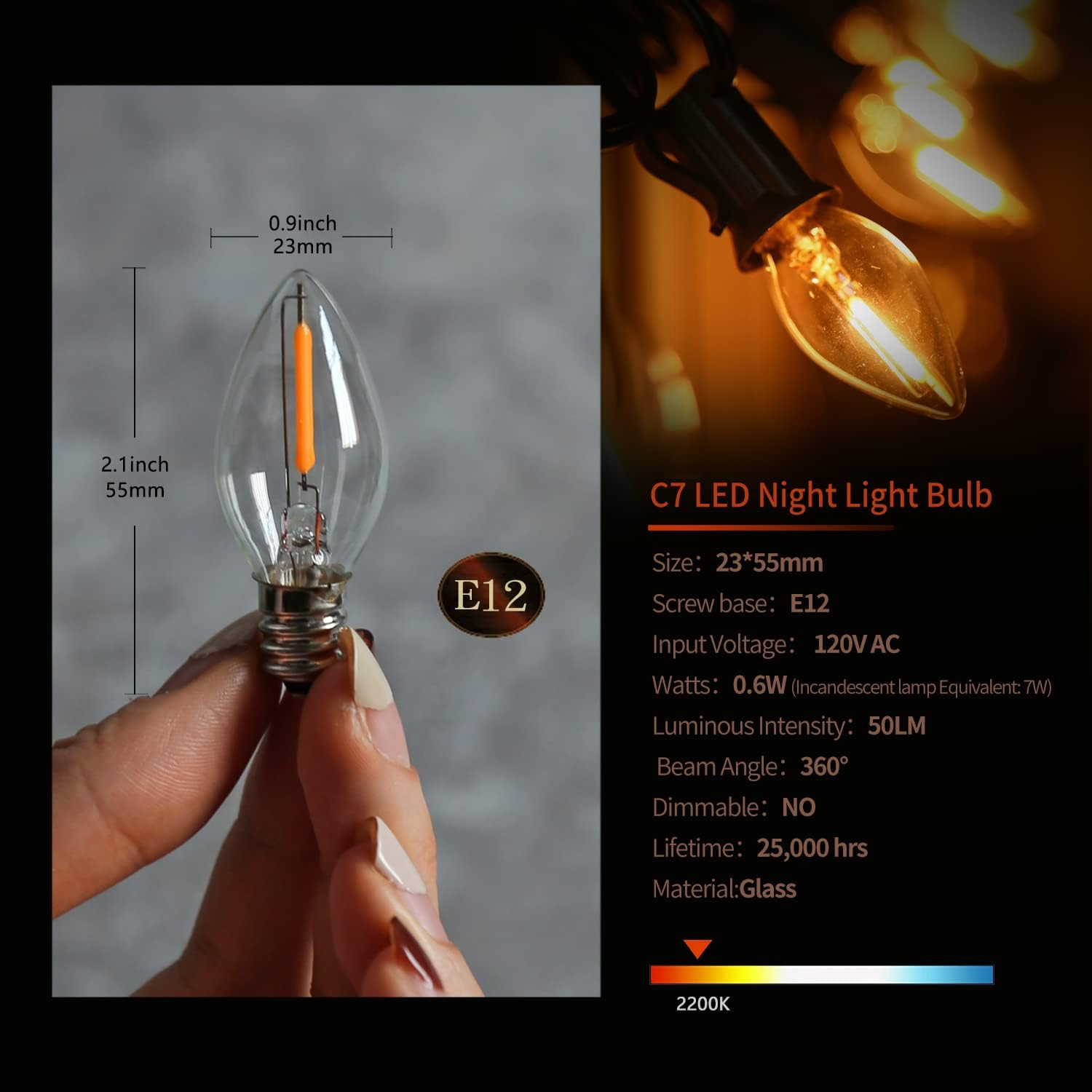 LED Night Light Bulb, C7 E12 LED Bulbs Candelabra Light Bulbs, 0.6 Watt Equivalent 7W Incandescent Bulb, Warm White 2200K, Clear Glass, 50LM Dimmable, Christmas Decoration, 25 Pack - - 