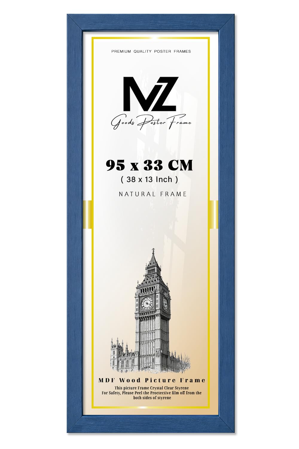 MZ GOODS | MDF Poster Frame (95 x 33 CM) 38" x 13" for Travel Posters/Pictures & Home Décor, Secure Hooks for Mounting [ Blue ] — image 1