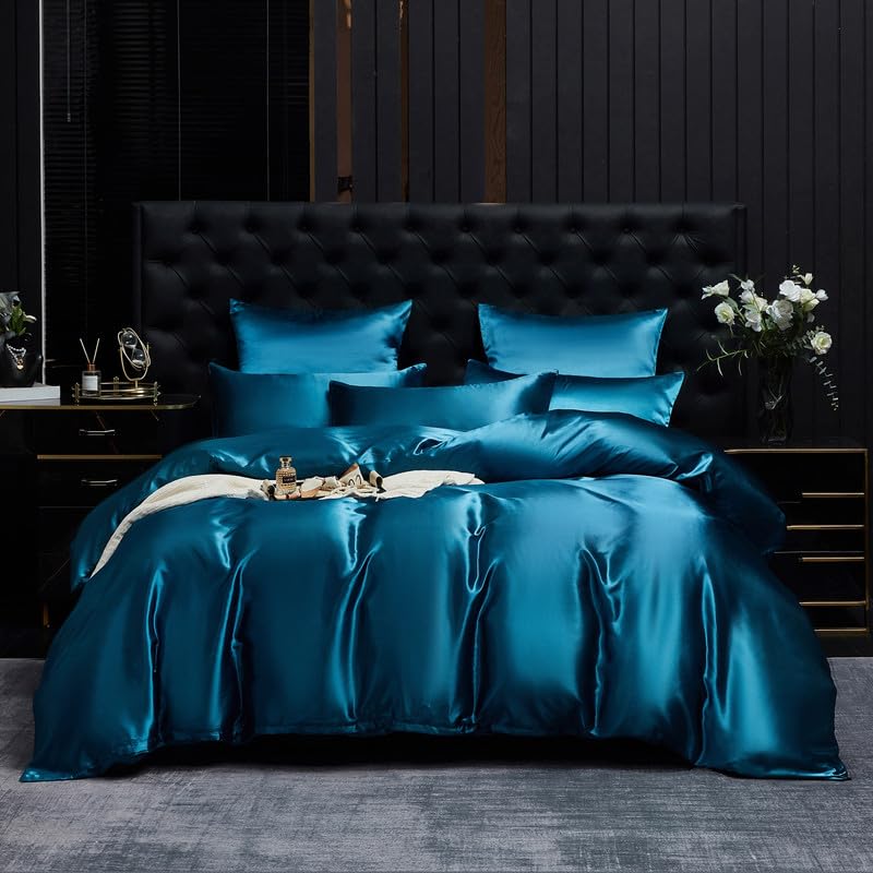 Gezu Bettwäsche Satin 135x200cm 2Teilig Petrol Blau Silky Touch Einfarbig Bettbezug Seide Glatt Luxus Bettwäsche Glanzsatin Muster Einzelbett Bettbezug mit Reissverschluss und 1 Kissenbezug 80x80cm