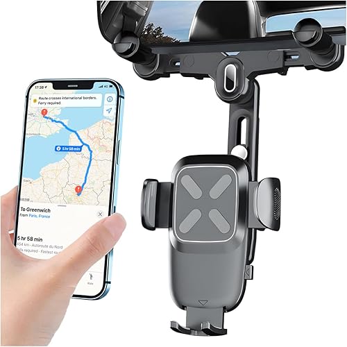 Soporte para teléfono para espejo retrovisor de automóvil, giratorio de 360 y retráctil con clip de retrovisor automático, soporte para GPS