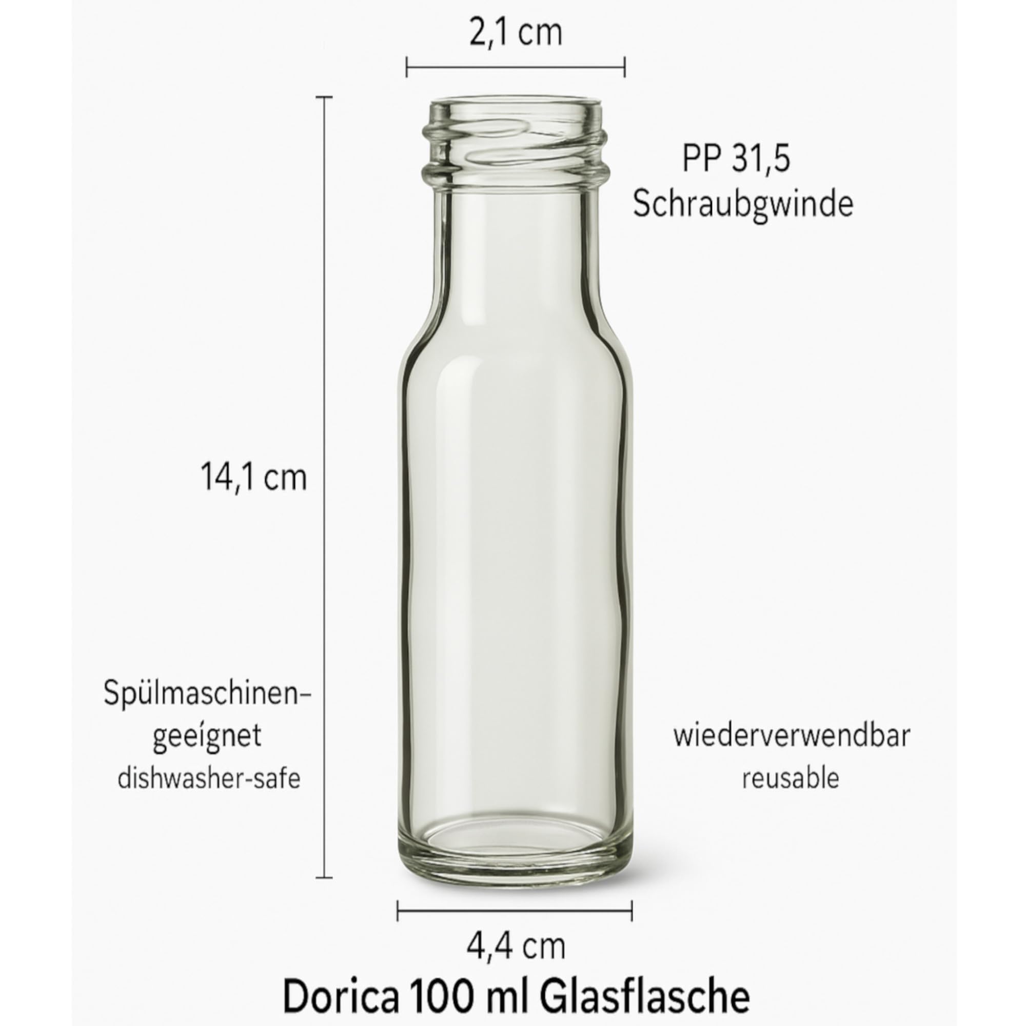 gouveo Lot de 48 bouteilles en verre Dorica (0,10 l) avec bouchon à vis PP 31.5 doré, flacons ronds transparents à remplir pour huile, vinaigre, liqueur, sirop, spiritueux (DFT100G)