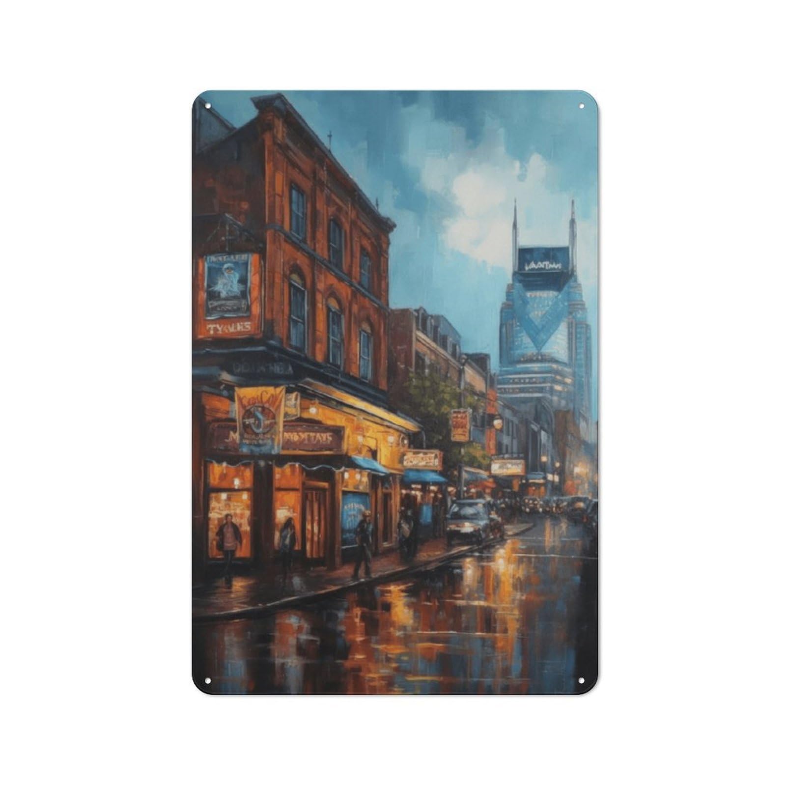 Junmoney Rainy Night Cityscape Vintage Metal Sign 30X20cm For Guest Room Or Hallway, Suited To Guest Room Decorators