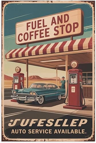 Fuel And Coffee Stop Poster Vintage Auto Service Retro Gas Station Wall Art for Garage Diner And Automotive Shop Canvas Poster Unframe-style