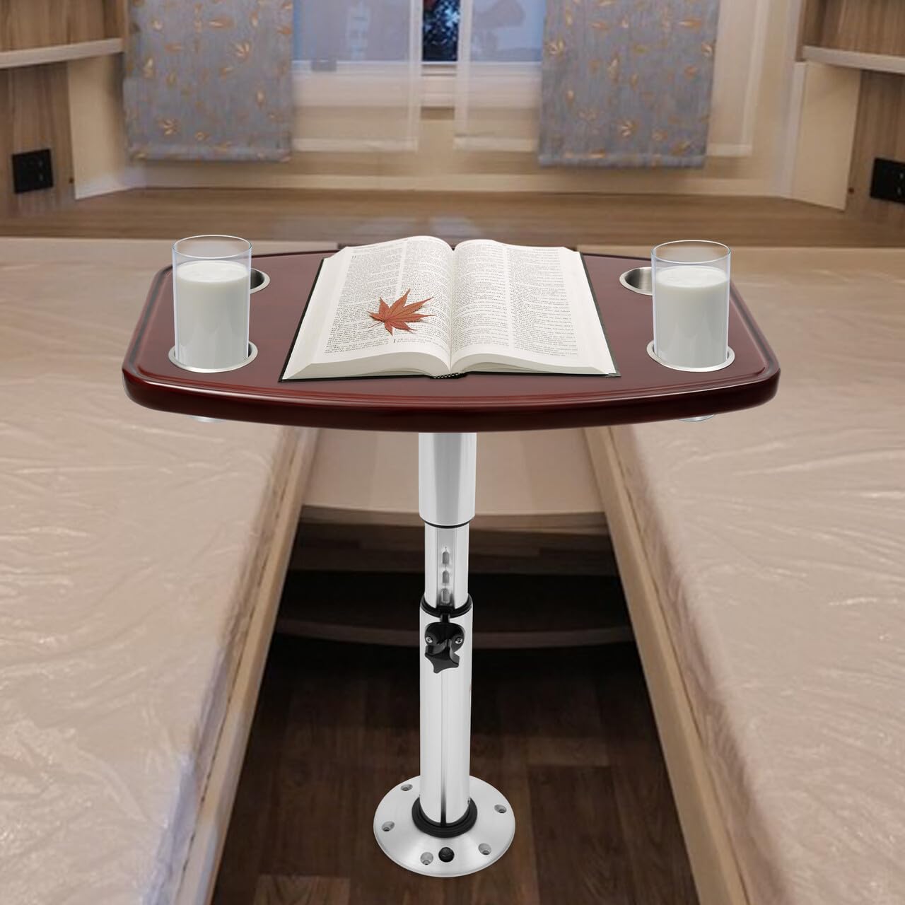 Tavolo regolabile Pedestal con 4 scomparti per bicchieri, tavolo per roulotte, camper, barca, yacht, telescopico, regolabile in altezza, gambe da tavolo telescopiche, 600 x 380 mm