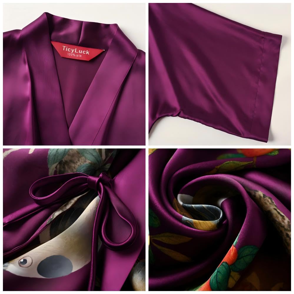 Image of Women's Silk Kimono Robe Short Bathrobe Nightgown 100% Mulberry Silk for Women - Classic Floral Pattern