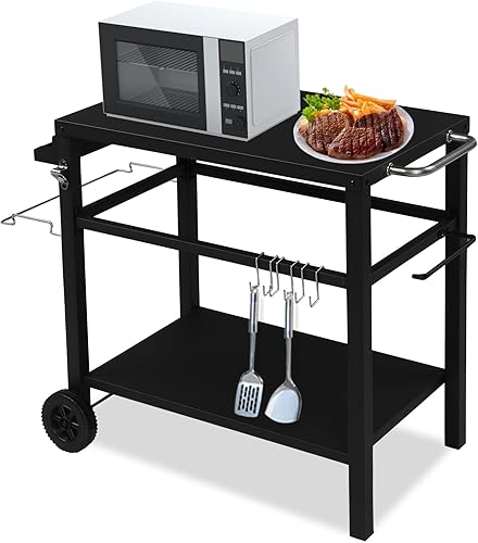 VINGLI Carrito de parrilla para horno de pizza con ruedas, mesa de trabajo de preparación de alimentos de 32.7 x 20 pulgadas con ganchos, soporte