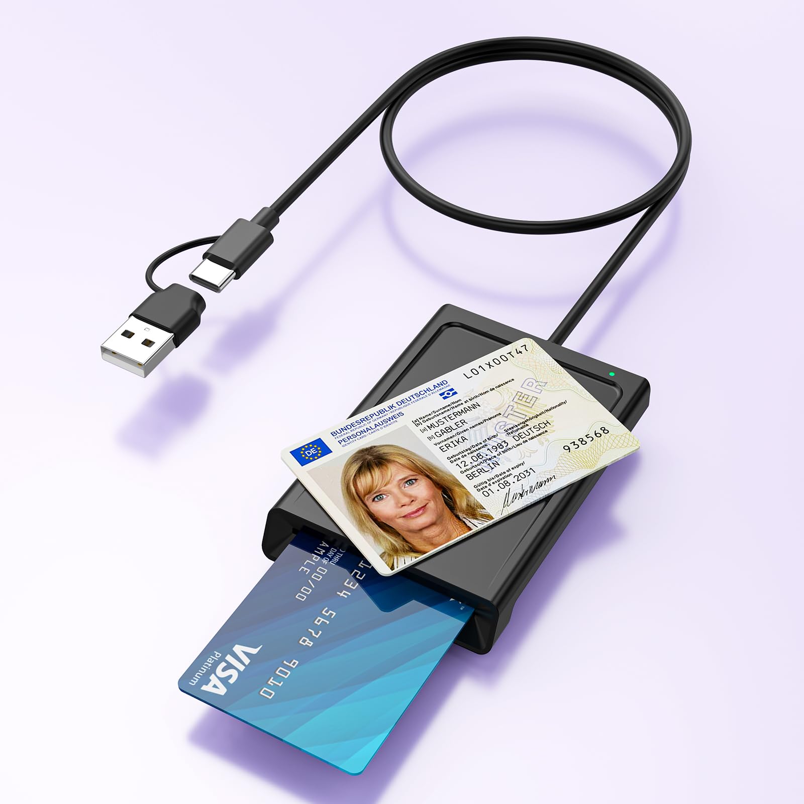 2IN1 USB-A & USB-C Chipkartenleser mit NFC, USB Smart Card Reader Kartenlesegerät DOD Military Kartenleser für den neuen Personalausweis Bankkarten kompatibel mit Windows, Linux, Android,95cm Kabel