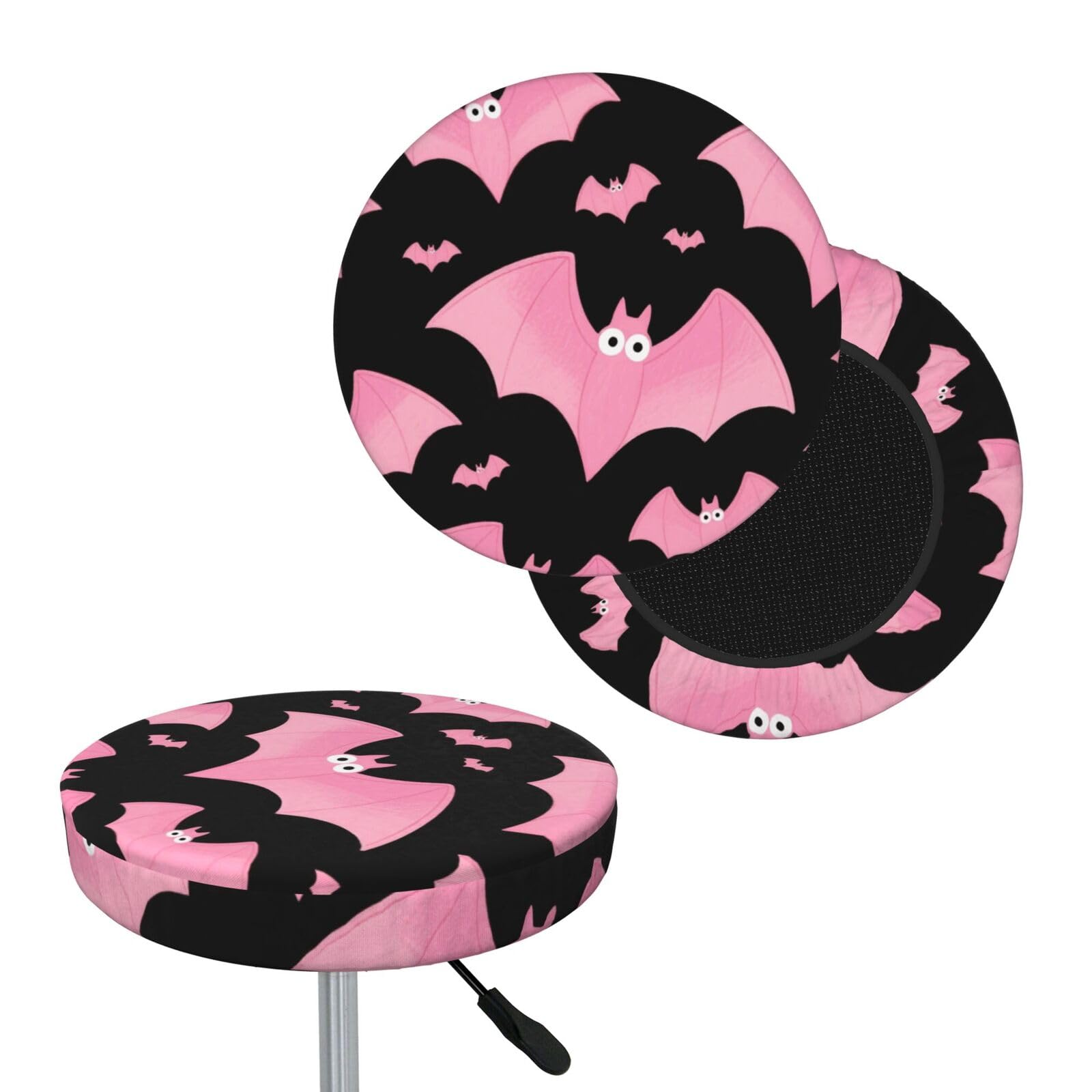 FekiLoot Halloween Black Bats Pink Round Bar Stool Covers Stretch Washable Bar Stool Covers Dustproof Slipcover Bar Chair Covers with Elastic Band for Bar Kitchen Living Room Decor 13 Inch