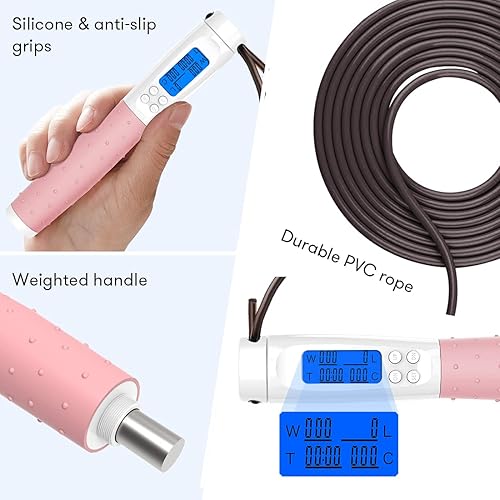 Miniatura 5 de Te-Rich Cuerda de saltar, cuerda de saltar con peso para fitness, cuerda de saltar con contador, asas pesadas, longitud ajustable, cuerda de salto