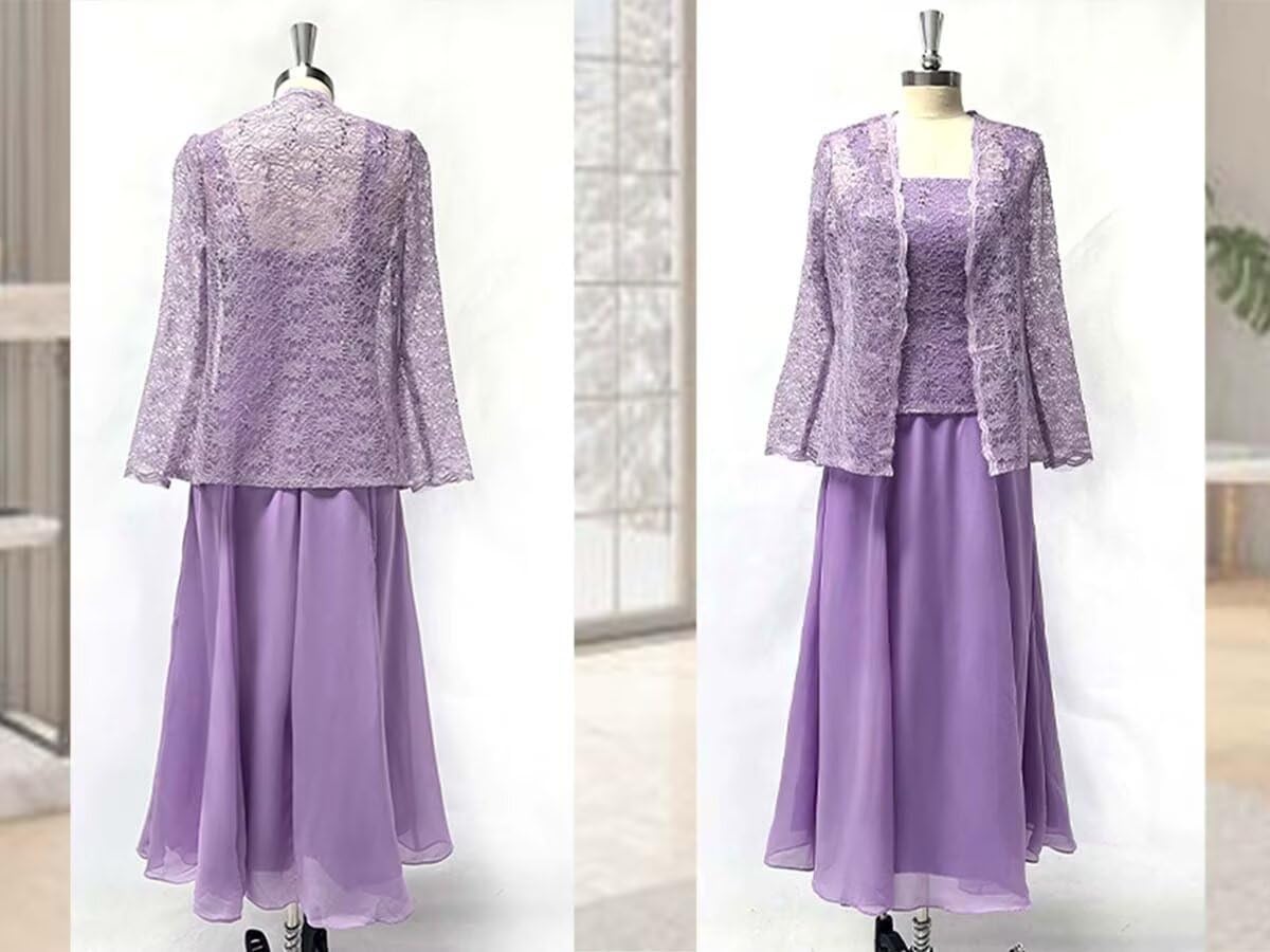 Tea Length Mother of The Bride Dresses with Jacket Chiffon Lace Formal Evening Dress for Wedding