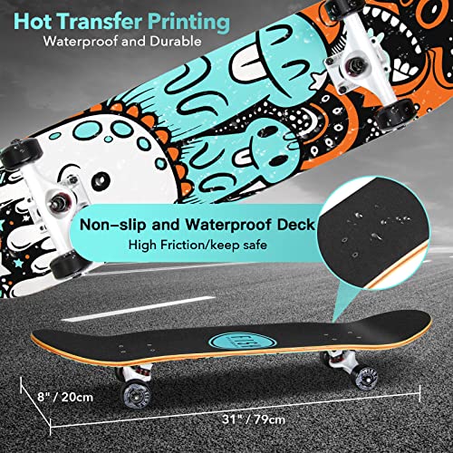Fish Skateboards Standard Skateboard, Complete Skateboard 31''X 8'', 7 Layer Canadian Maple Double Kick Deck Concave Cruiser Trick Skateboards For Kids Boys Girls Youths Beginners. #TOP5