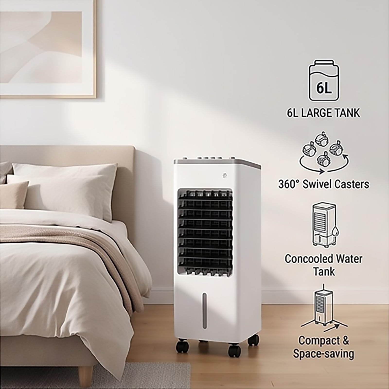 Raffrescatore D'aria 3 in 1 con Ventilatore Serbatoio 6L Telecomando 3 Velocità Timer 7,5H Ruote 360° Raffreddamento Silenzioso per Camera Ufficio Soggiorno