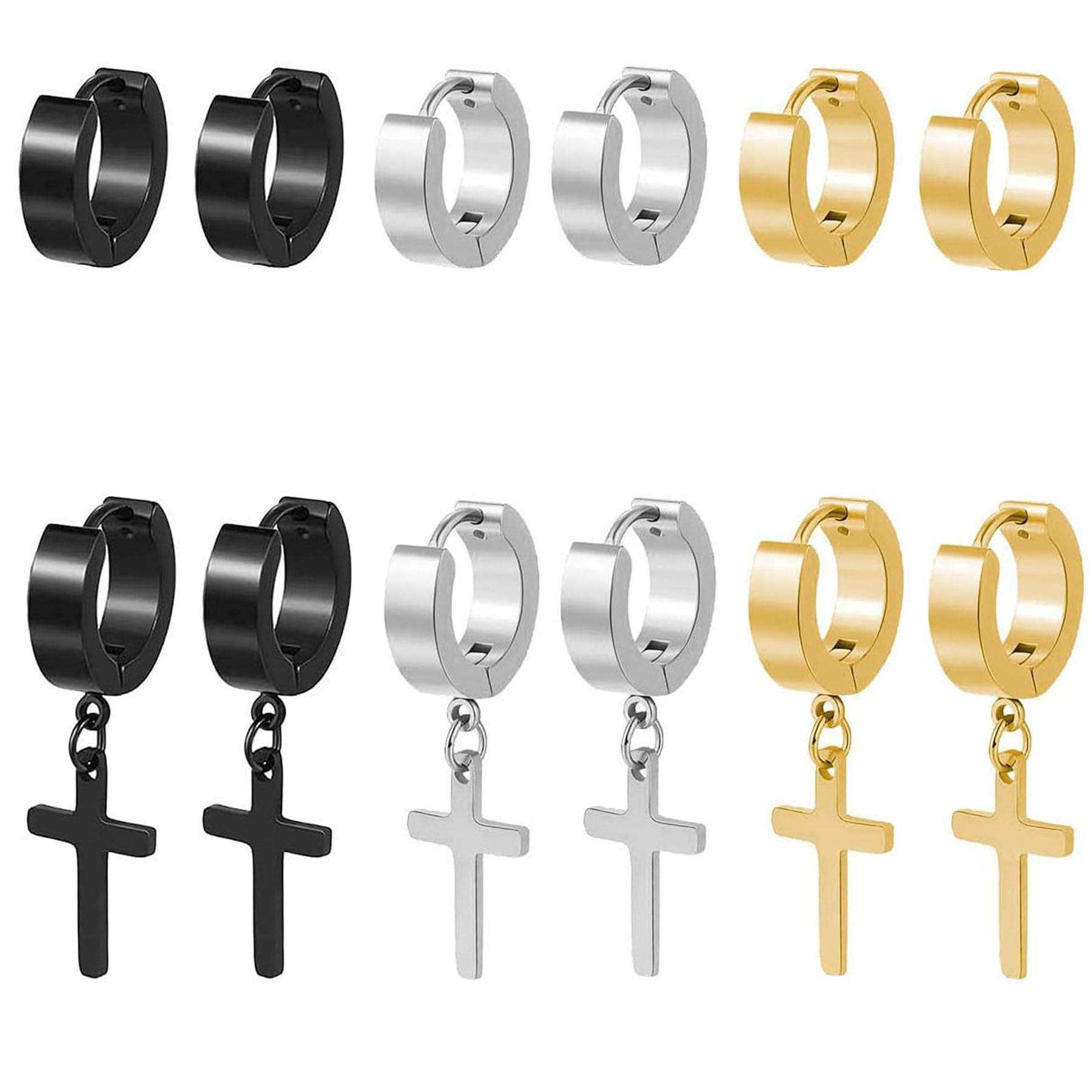 BVLAGIDA 6 Pares Pendientes Hombres Acero Inoxidable Pendientes de Aro Pendientes Plata/Negro/Oro Cruz Pendientes Hipoalergénico Pendientes para Hombres Mujeres