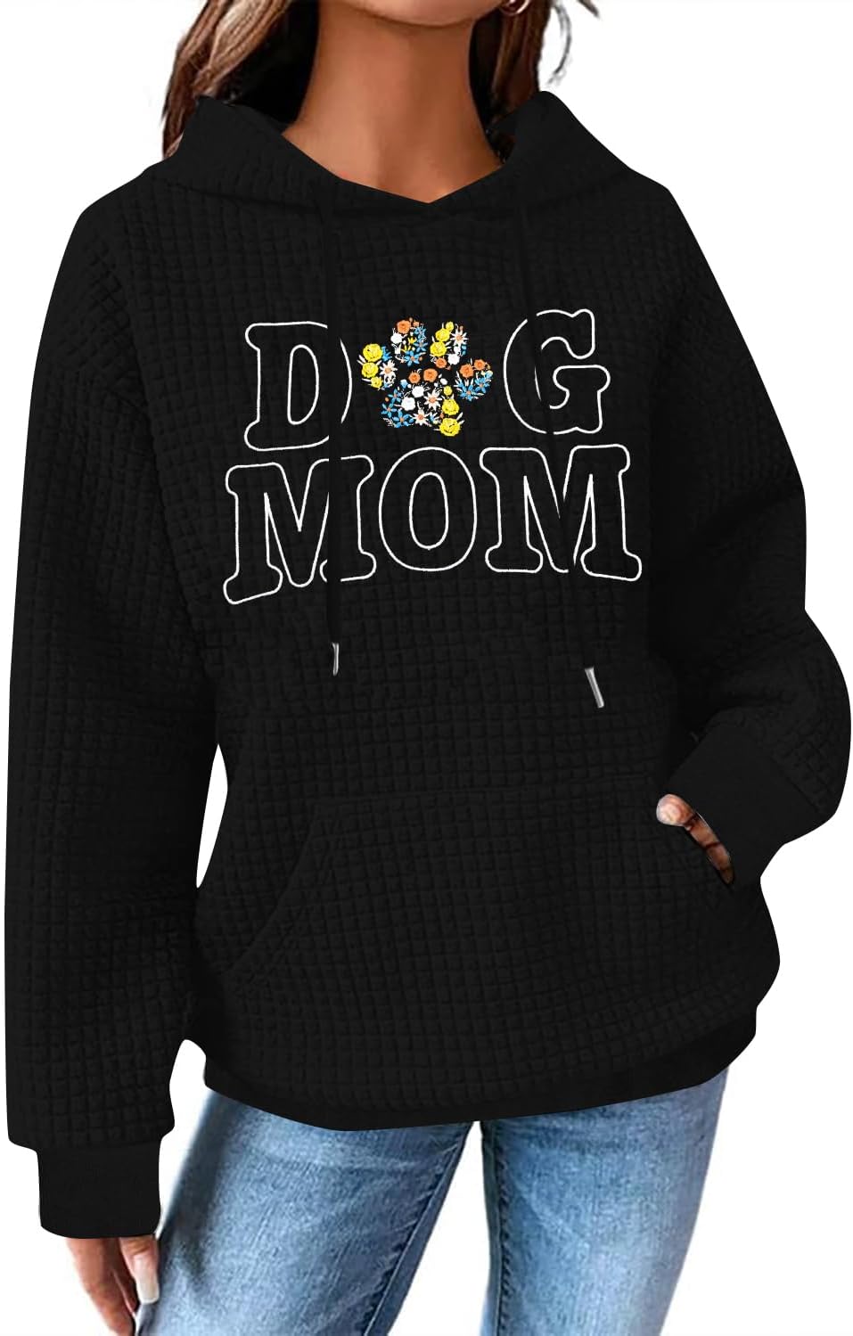 MNLYBABY Dog Mom Hoodies Women Dogs Paw Graphic Sweatshirts Hooded Pullover Pets Lovers Waffle Knit Tops