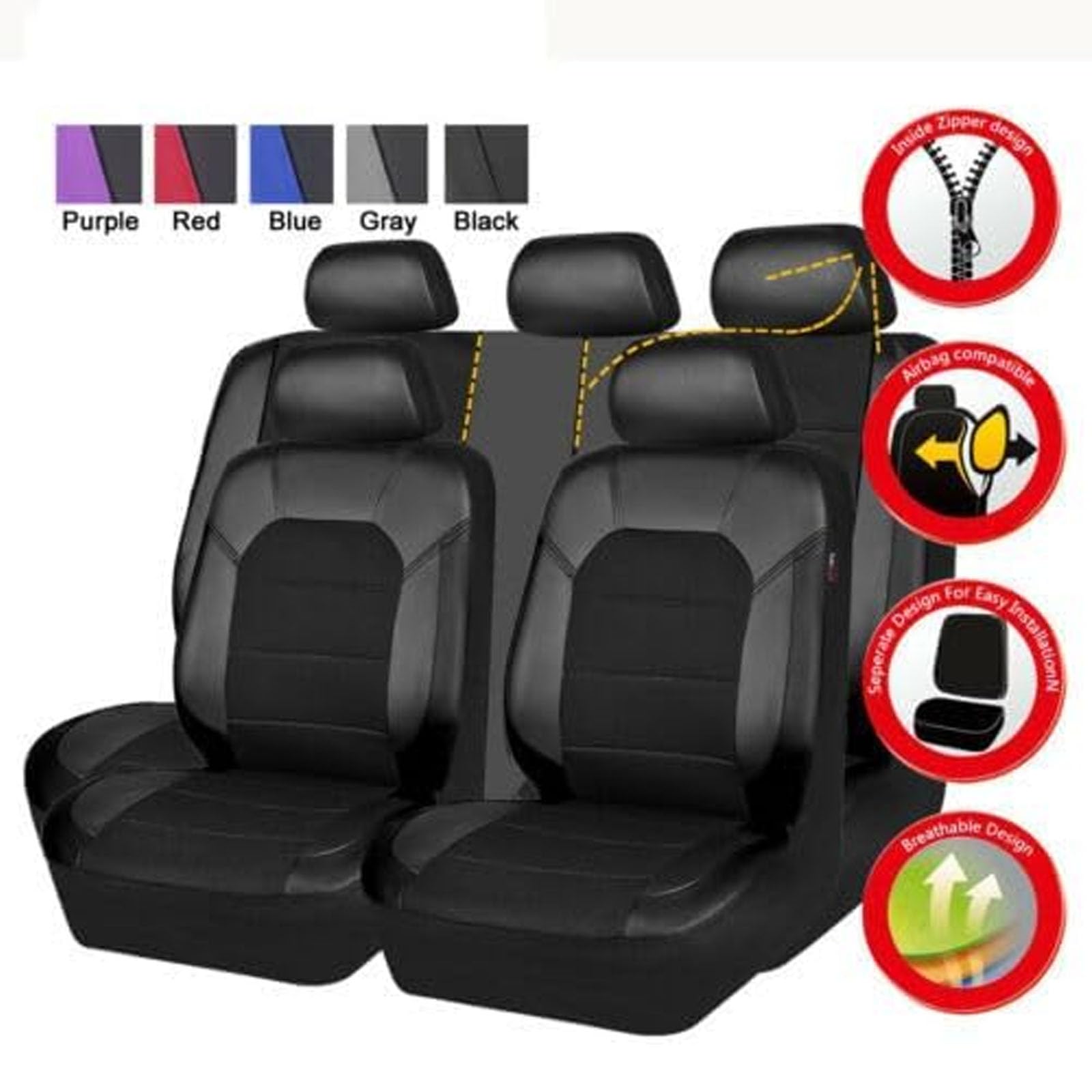MaKeMoney 9 Piezas Fundas Asientos Coche para Skoda Fabia Mk3 (NJ) 2013-2023, Cuero Juegos De Cubreasientos Delanteros Y Traseros Coche Accesorios, C/Black