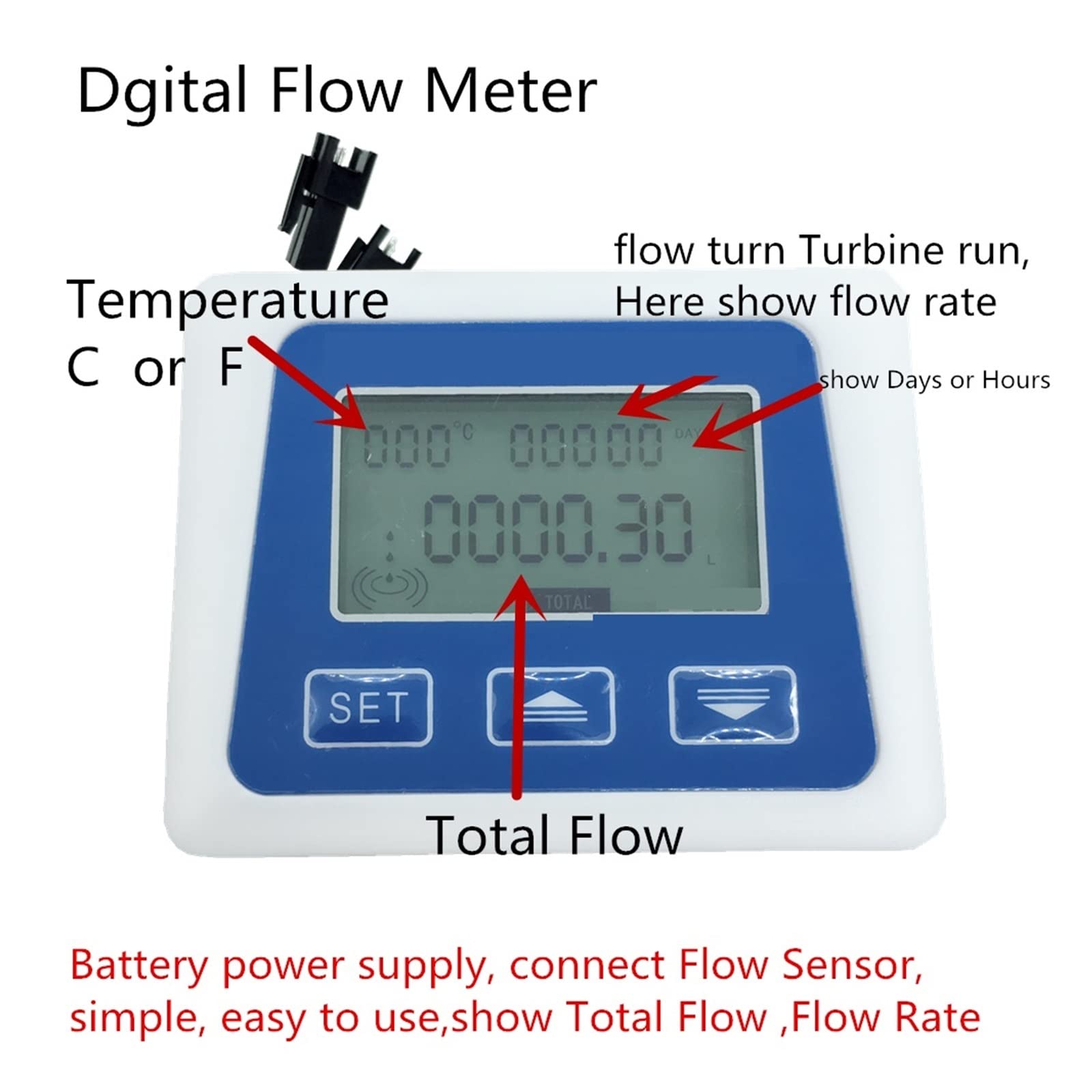 Medidor De Flujo Agua Con Pantalla LCD Digital, Total 3/8 Y Quot1/4 Trabajo Batería Turbina Quot Rendimiento Estable(1-4 quick fit)