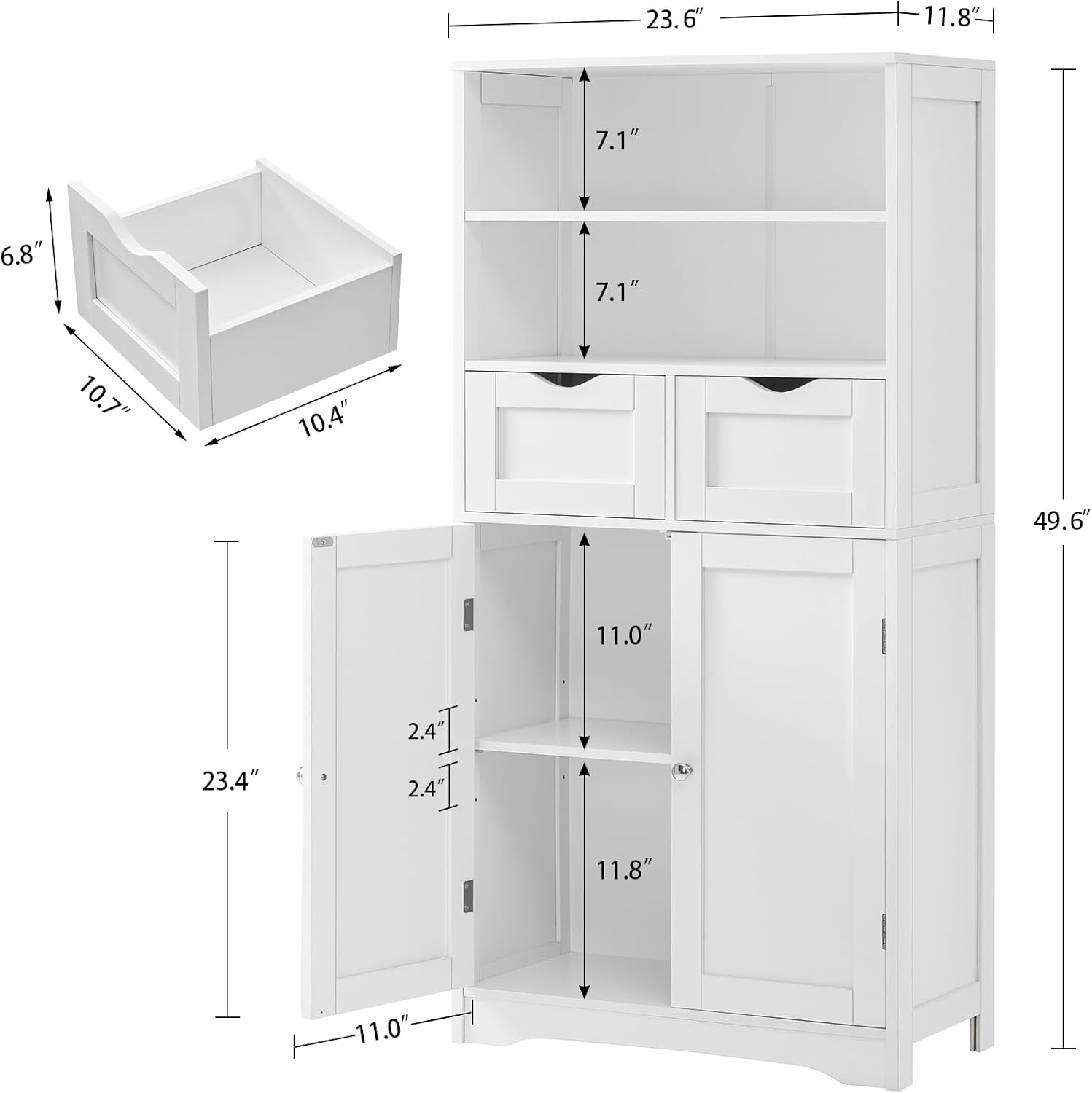 Tall White Bathroom Storage Cabinet with Shelves and Drawers