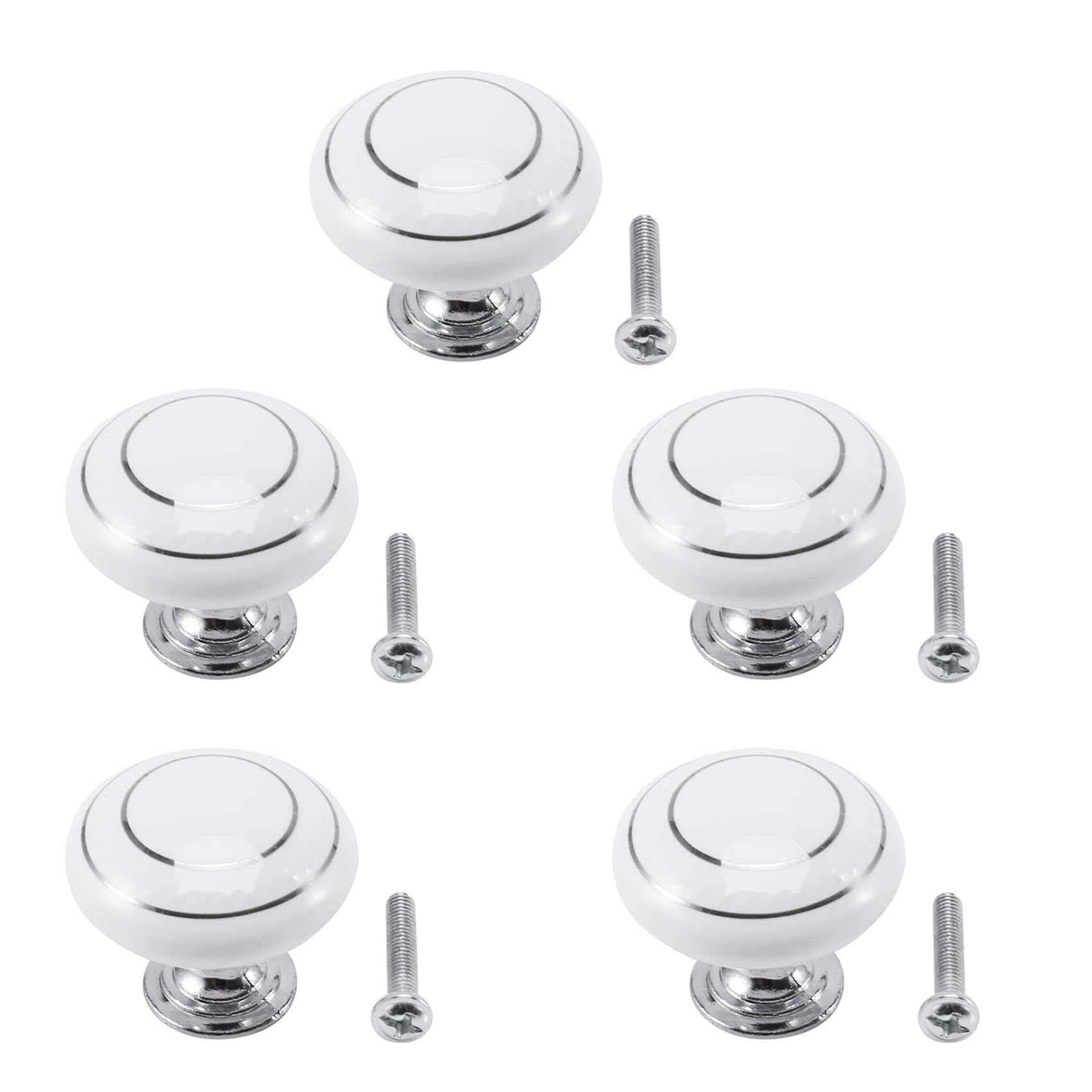 Jnchdghwa White & Silver 5 X Ceramic Door/Wardrobe/Cabinet/Cupboard Knob Handle Drawer White